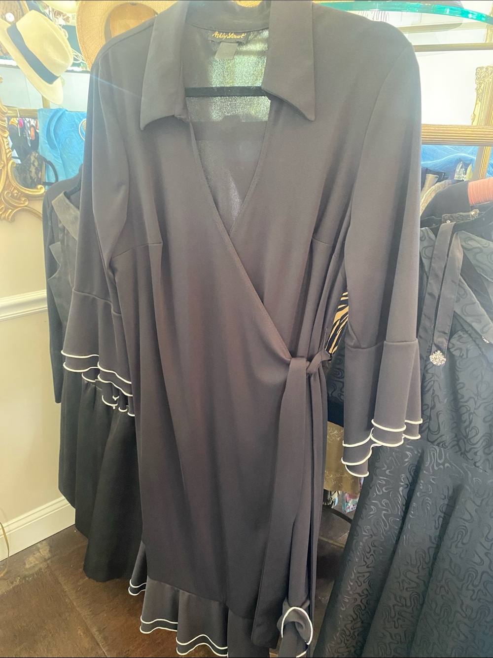 Ashley Stewart Black Collared Wrap-Style Dress with Ruffle Hem